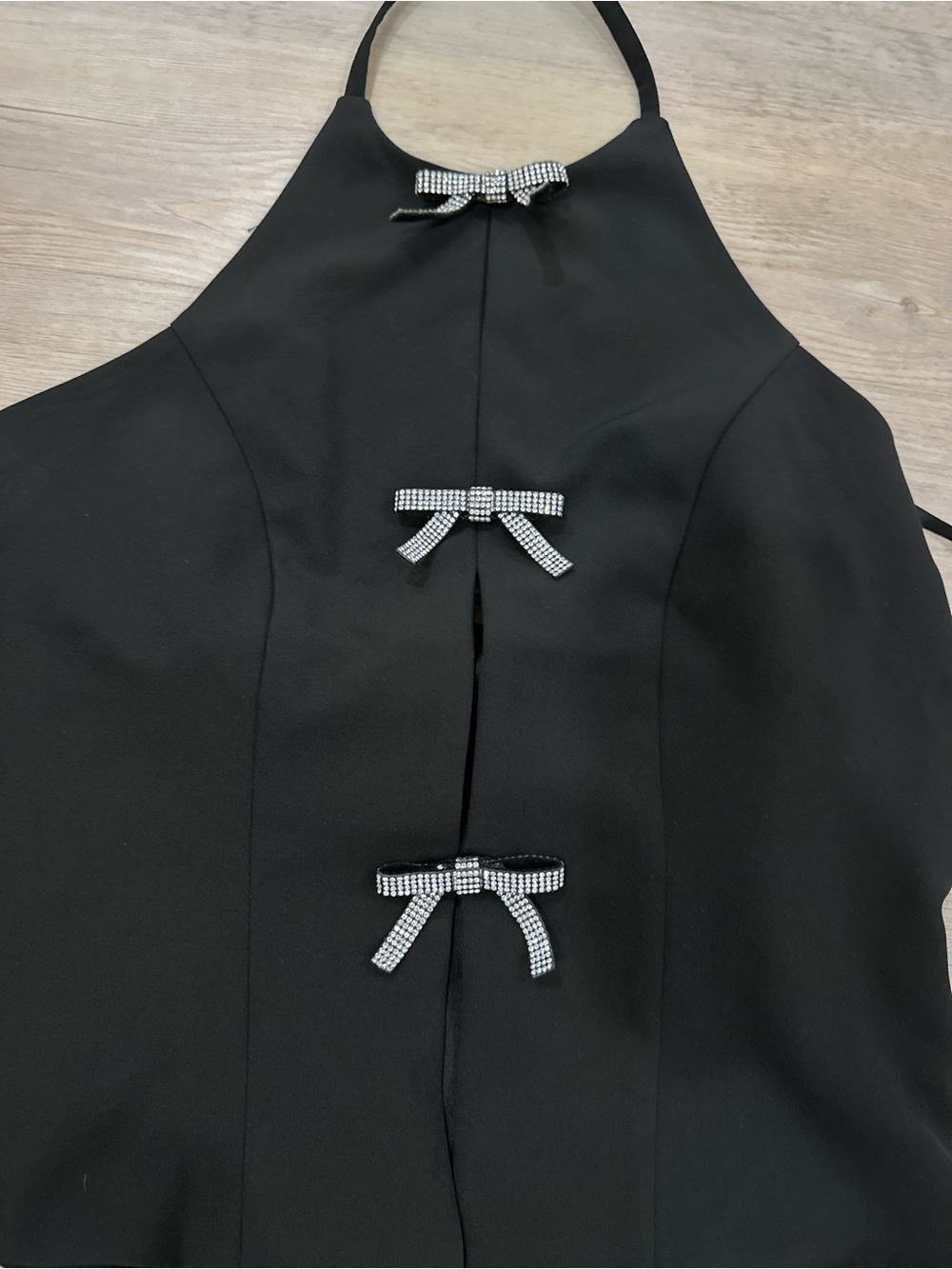 Black Halter Top with Crystal Bow Accents